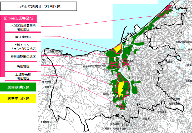 上越市立地適正化計画区域、都市機能誘導区域、居住誘導区域及び誘導重点区域を色分けして示した地図