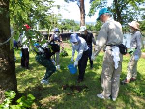参加者が施肥用の穴を掘削する様子（写真）