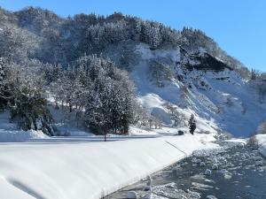雪化粧した秋葉山の写真