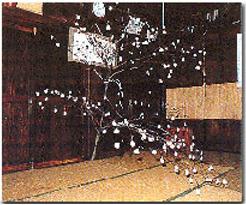 木の枝に餅で作った玉を付けて室内に飾る風習、マユダマの写真です