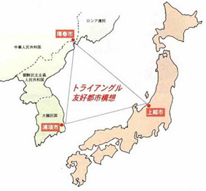 上越市と浦項市、琿春市のトライアングル都市交流の地図