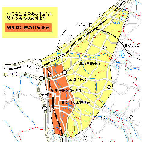 緊急時対策における注意報・警報発令対象区域（地図画像）