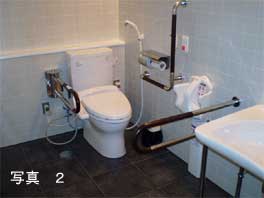 手すりや小さい子ども用のいすのあるトイレの写真
