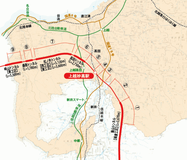 上越市内の北陸新幹線の工事概要図です