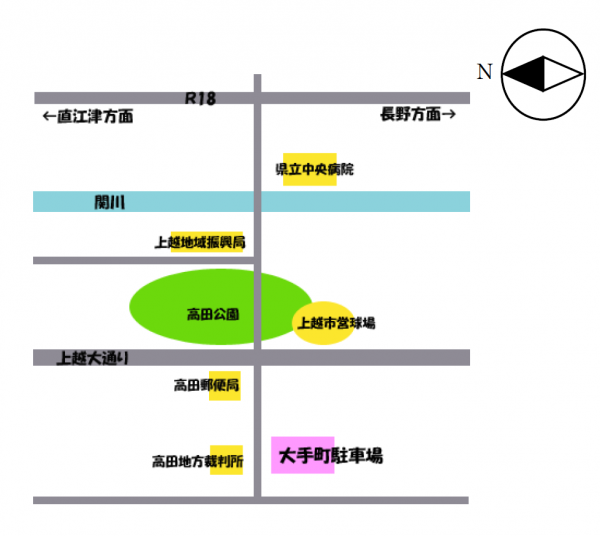 大手町駐車場位置図　高田地方裁判所向かい