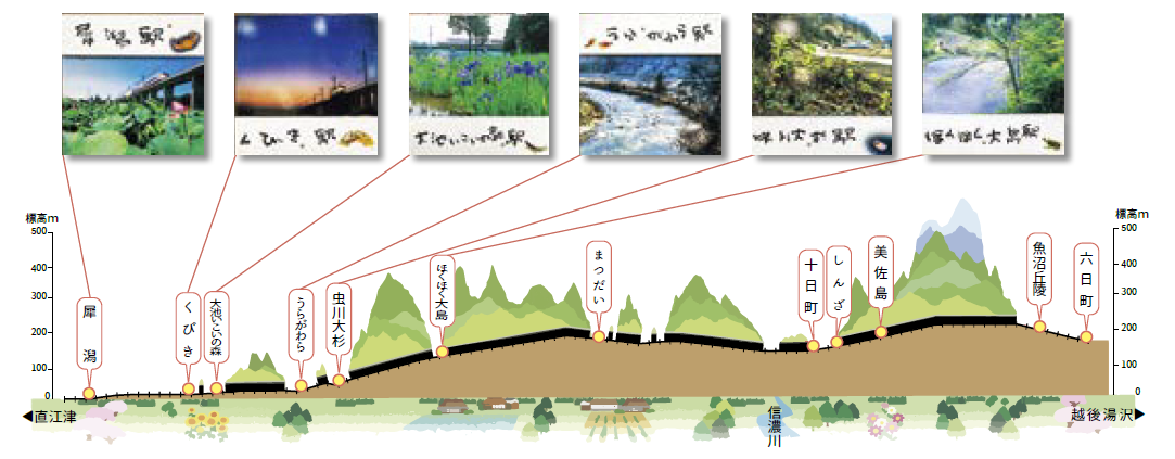 ほくほく線の駅の位置と標高のイメージ図(犀潟駅、くびき駅、大池いこいの森駅、うらがわら駅、虫川大杉駅、ほくほく大島駅、まつだい駅、十日町駅、しんざ駅、美佐島駅、魚沼丘陵駅、六日町駅