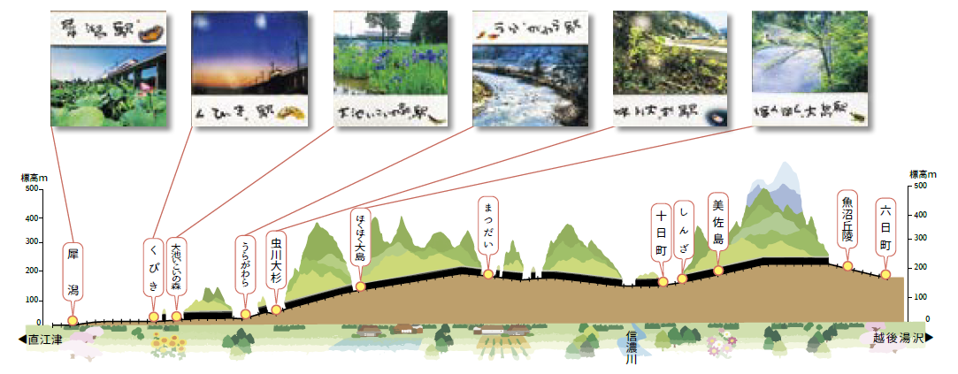 ほくほく線の駅の位置と標高のイメージ図（犀潟駅、くびき駅、大池いこいの森駅、うらがわら駅、虫川大杉駅、ほくほく大島駅、まつだい駅、十日町駅、しんざ駅、美佐島駅、魚沼丘陵駅、六日町駅