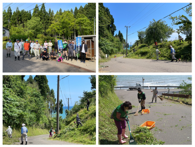 6月5日　支え隊　吉浦　活動中の写真（4枚組）左上：集合写真、右上・下段：作業の風景