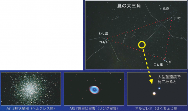 夏の大三角の夜空（4枚組写真）左から　ヘラクレス、リング星雲、アルビレオ