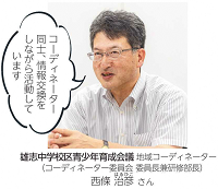 雄志中学校区青少年育成会議 地域コーディネーター（コーディネーター委員会 委員長兼研修部長）西條 治彦 さん（写真）