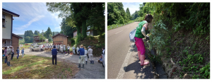 中山間地域支え隊　7月9日　牧区泉　活動の様子（2枚組写真）左：作業の説明の様子、右：作業の様子