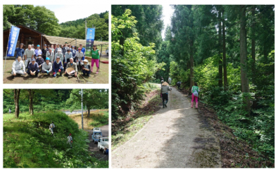 中山間地域支え隊　7月16日　牧区高尾　キャンプ場の草刈りの様子（3枚組写真）左上：集合写真、左下：法面の作業の様子、右：道の草刈り作業