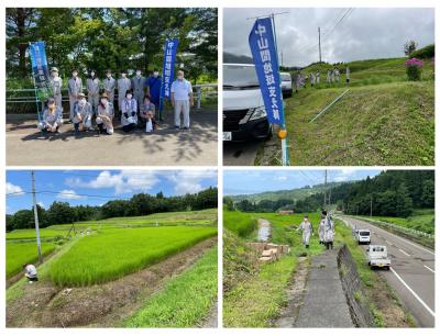 中山間地域支え隊　7月24日　板倉区筒方及び関田地内での活動の様子（4枚組写真）左上：集合写真、左下：田んぼの中に設置中、右上：設置の遠景、右下：農道にも設置）