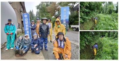 中山間地域支え隊　8月21日　牧区棚広新田　用水の草刈り作業の様子（写真）