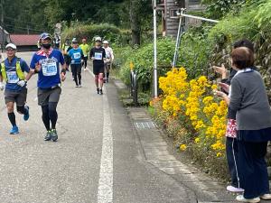 沿道でランナーと応援とヤナギバひまわり（安塚区小黒）（写真）