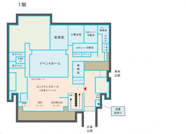 1階案内図です。イベントホール、音楽室、小集会室等の貸館施設があります。