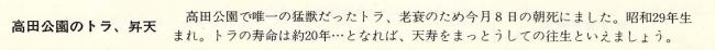 「広報じょうえつ」70号記事切り抜き。高田公園のトラ、昇天。高田公園で唯一の猛獣だったトラ。老衰のため今月8日の朝死にました。昭和29年生まれ。トラの寿命は約20年、となれば、天寿をまっとうしての往生といえましょう。（画像）