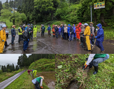 中山間地域支え隊 名立区不動 用水路の江あげ 作業の様子(写真)