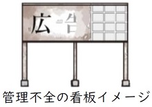 適切な管理がされず、劣化・破損した看板のイメージ（イラスト）