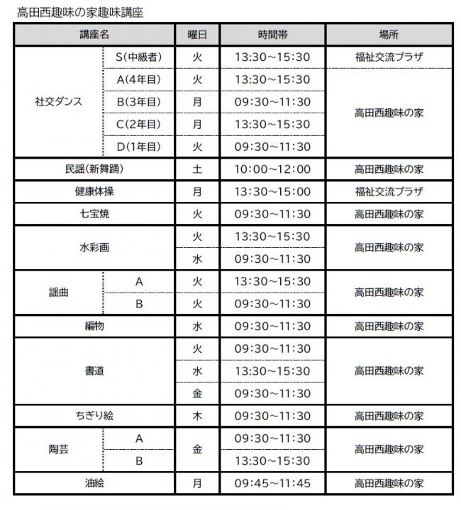 高田西趣味の家趣味講座令和6年度時間割（画像）