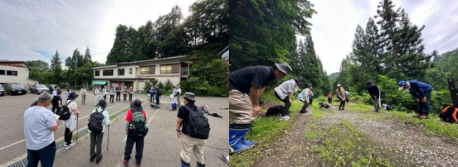 梨平峠道ふるさとトレッキング　集合写真と準備体操の写真