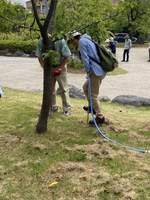 穴あけ器で穴を空ける作業（写真）