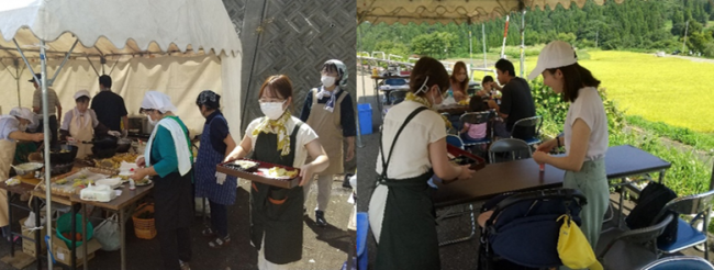 柄山・上久々野女性部の方々がお蕎麦の提供の準備をしています（2枚組写真）