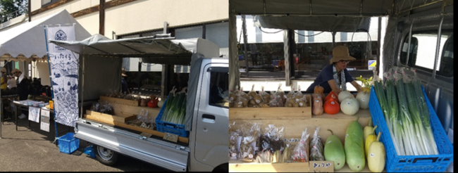 地場産野菜販売の様子。テントと軽トラックで販売しています（2枚組写真）