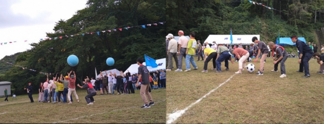 町内ふれあい運動会　大玉送りの様子（写真）