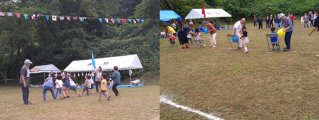 町内ふれあい運動会　お年寄りと子どもが一緒に行う競技の様子（写真）