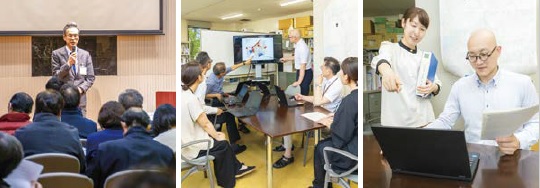 上越市創造行政研究所の職員の皆さんの業務の様子（3枚組写真）
