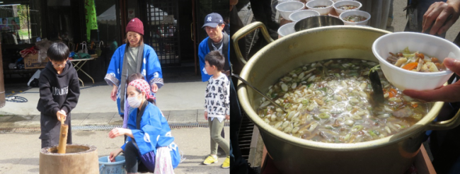 子ども達も餅つきに挑戦。美味しいキノコ汁も。（写真）