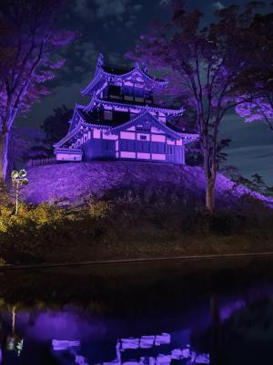 高田城三重櫓がパープル・ライトアップされています（写真）