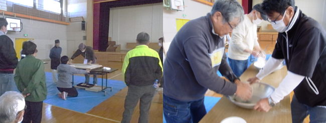 真剣な顔つきでそばを打ちます（写真）