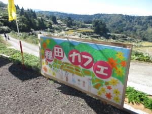 棚田のお花畑と看板の様子（写真）