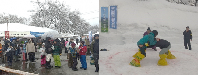 人で賑わう会場と雪上相撲の様子（写真）