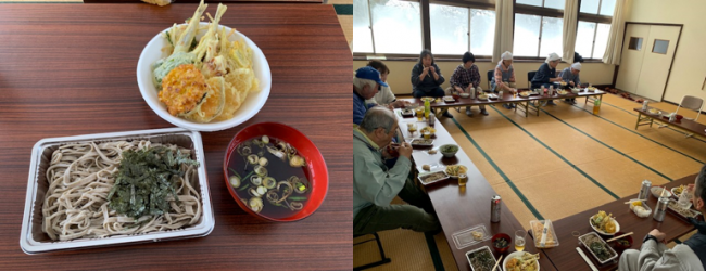 完成したそばと参加者で食べる様子（写真）