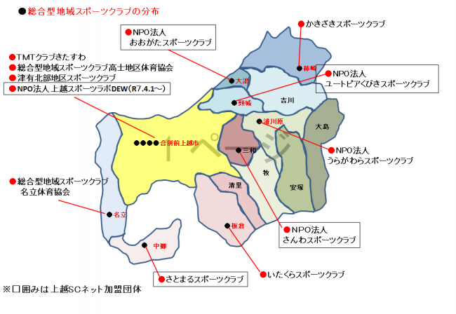 総合型地域スポーツクラブの分布（地図）この中で、上越SCネットに加盟している団体は次の通りです（NPO法人ユートピアくびきスポーツクラブ、NPO法人さんわスポーツクラブ、NPO法人おおがたスポーツクラブ、さとまるスポーツクラブ、NPO法人上越スポーツラボDEW）