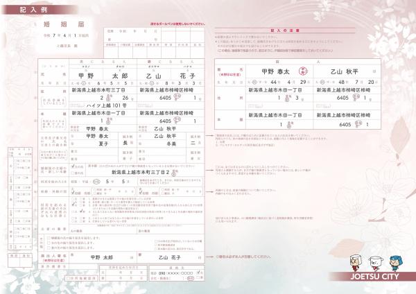 上越市オリジナル婚姻届記入例(画像)