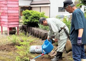 令和７年度保全活動　後継樹を植樹・水やりする様子（写真）