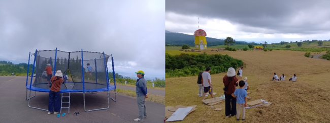 トランポリンと芝そりの様子(写真)