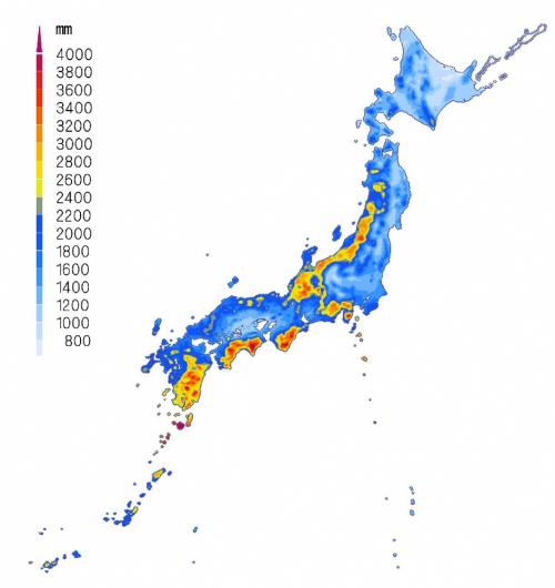 年降水量（平年値）の分布図