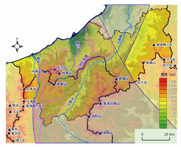 信越県境エリアプラスアルファの地形と標高の分布図（画像）