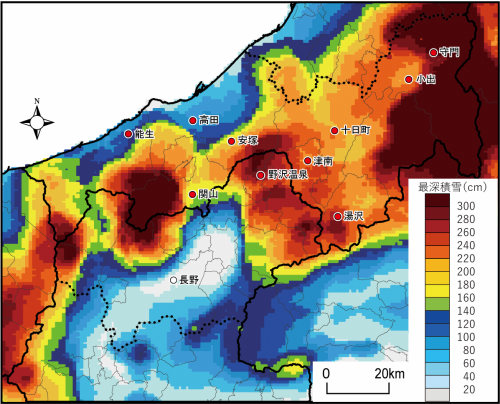 信越県境エリアプラスアルファの最深積雪の分布図