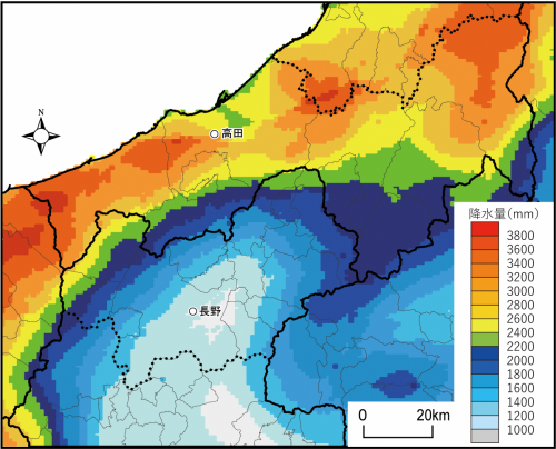 信越県境エリアプラスアルファの年降水量の分布図