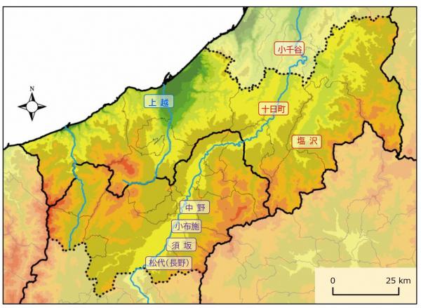信越県境エリアの繊維関係の主な生産地図（画像）織物業（小千谷、十日町、塩沢）、細幅織物業（上越）、蚕糸業（中野、小布施、須坂、松代（長野））