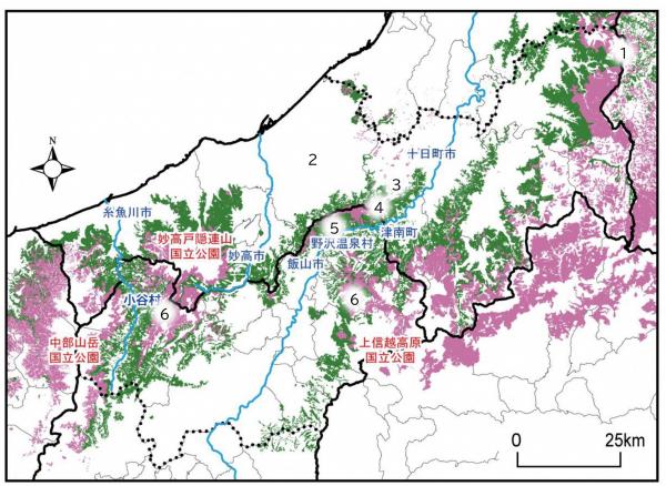 信越県境エリアのブナ林野分布図