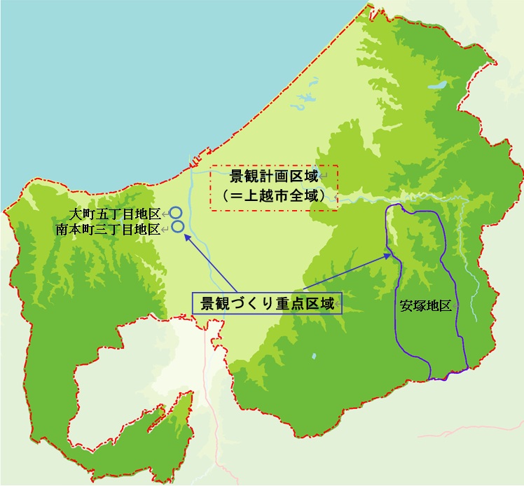 景観計画区域(=上越市全域)と、景観づくり重点区域の位置図(画像)