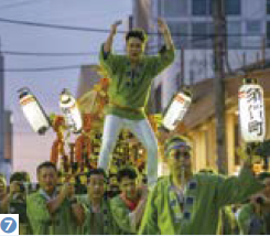 （写真7）神輿を担ぐ人々と、上に乗って掛け声を上げる人