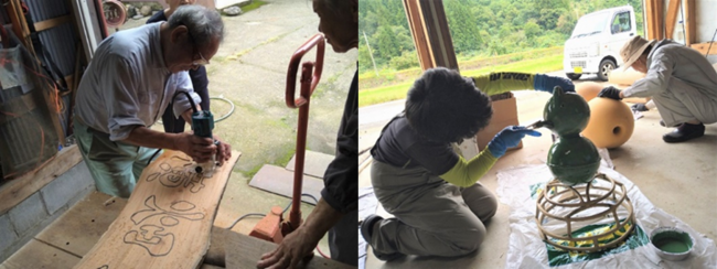 看板とオブジェ製作の様子(写真)